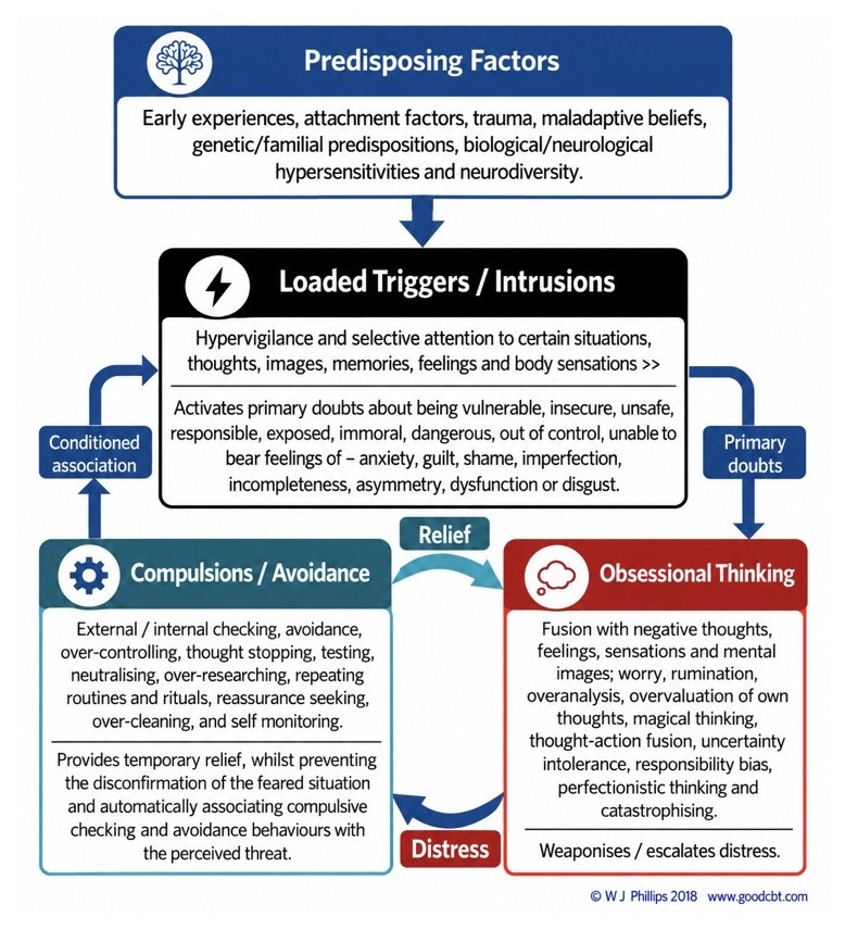 The OCD cycle: predisposing factors lead to loaded triggers and intrusions, which drive obsessional thinking and compulsions or avoidance, which in turn provide temporary relief and reinforce the cycle.